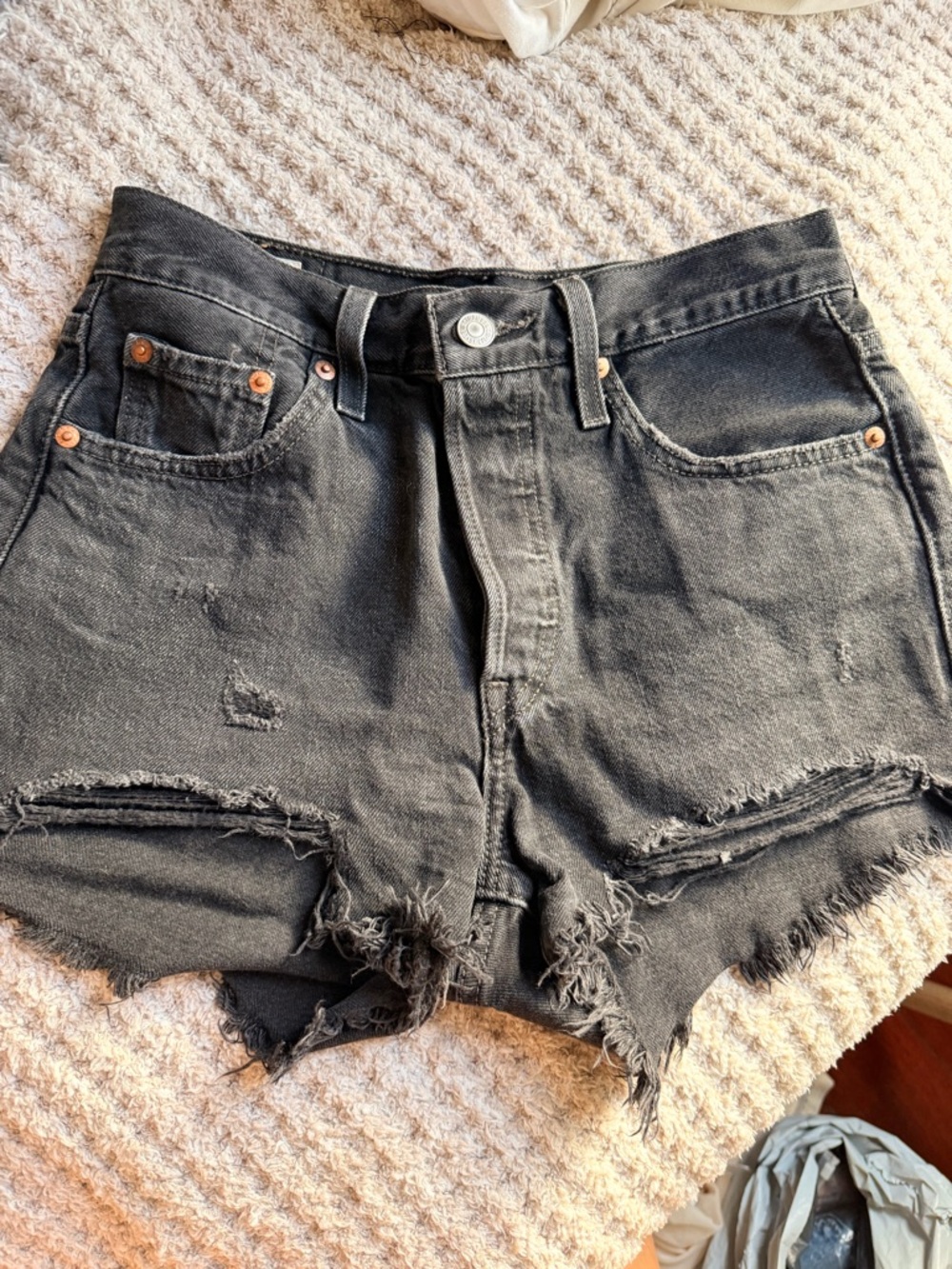 Levi's Black Distressed High-Rise Denim Shorts - Picture 2 of 3